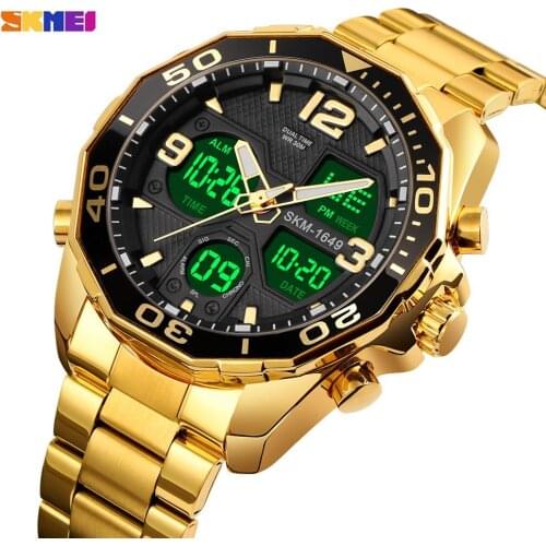 SKMEI Top Brand Men Golden Watches Digital Quartz Dual movement LED light Male Wristwatch Stopwatch Clock Relogio Masculino 1649