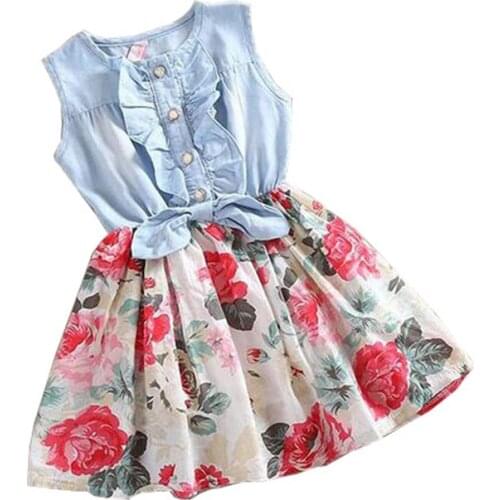 Baby Girls Fashion Dress Kids Princess Bowknot Flower Dress Summer Children Sleeveless Christmas Girls Denim Floral Dresses