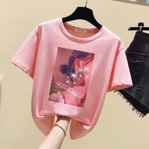 Korean summer Beading printing Short Sleeves T Shirt Top Female Tshirt Loose Women Fashion T-Shirt clothing women tops