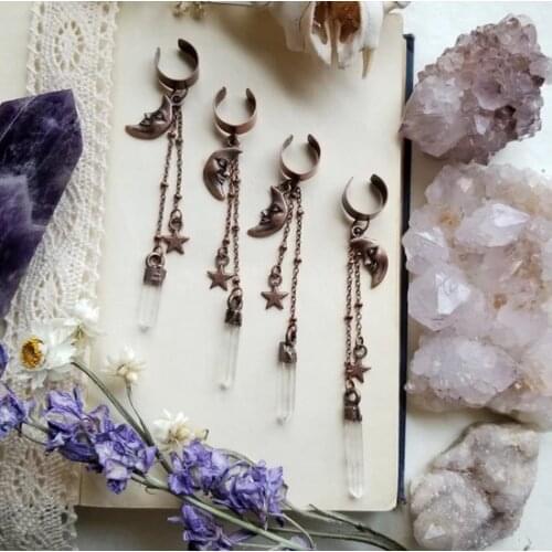 1 Pair of Celestial Moon and Stars Ear Cuff- Clear Quartz-statement Jewelry,moon Earrings, Star Earrings,galaxy jewelry
