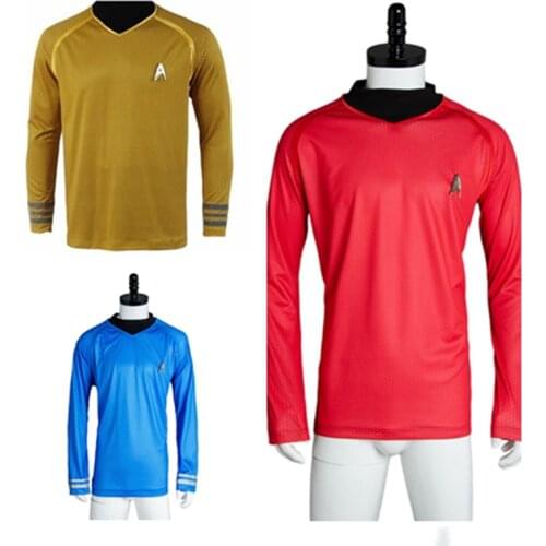 Star Cosplay Trek Costume Captain Kirk O-Neck Uniform Knitted Shirt Halloween Carnival Uniform Top Red Yellow Blue