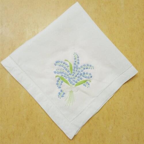 Set of 12 Fshion Handkerchiefs White linen Hemstitched Table Napkin 20x20-inch Ladder Embroidered Lily Flower Dinner Napkins