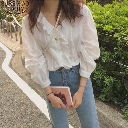 Solid Cotton Simple Womens Tops and Blouses 2021 Korean Style Sweet Ruffled V-neck Long Sleeve Shirt Women Ladies Tops 8561 50