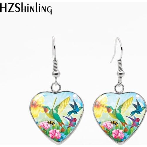 Hummingbirds Flowers Painting Heart French Hook Earrings Stainless Steel Dangle Earrings Glass Handmade Craft Jewelry