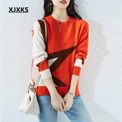XJXKS Round neck long sleeve women sweater 2021 spring autumn new high-end 100% wool knitted sweater women pullover