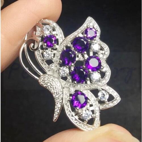Natural real amethyst or emerald butterfly style brooch pins Free shipping 925 sterling silver 0.2ct*7pcs gemstone T8100914