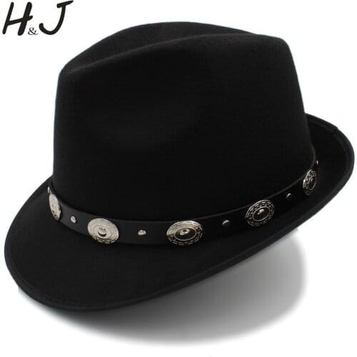 Women Mens Wool Feminino Fedora Hat For Lady Winter Warm Wool Church Fascinator Hats Homburg Jazz Hat Size 57CM Punk Belt