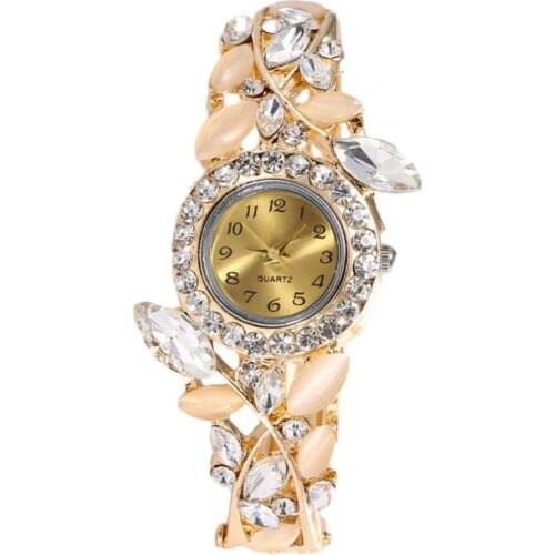 Luxury Women Rhinestone Leaf Round Dial Analog Open Bracelet Quartz Wrist Watch