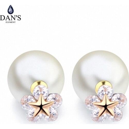 DANS ELEMENT Real Big Brand AAA Zirconia Rose Gold Color Simulated Pearl Fashion Ball Stud Earrings For Women Flower 113603