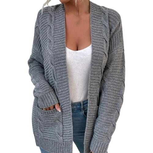 Female Cardigan Sweater Chic Open Front Long Sleeve Women Cardigan Autumn Winter Two Pockets Twist Sweater Coat Women Knitwear