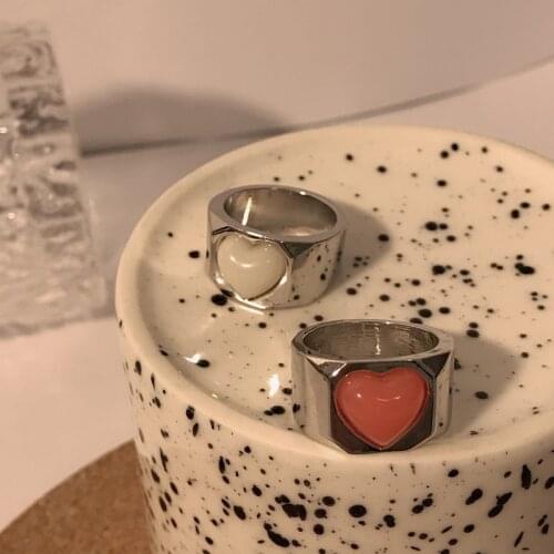 AOMU Jelly-colored Love Smooth Metal Silver Color Ring Fashion Punk Red Heart Rings for Women Couple Fashion Jewelry Gifts