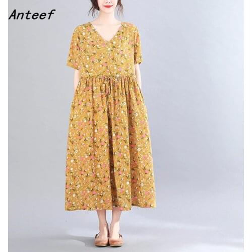 Short sleeve plus size cotton linen vintage floral dresses for women casual loose long woman summer dress elegant clothes 2021