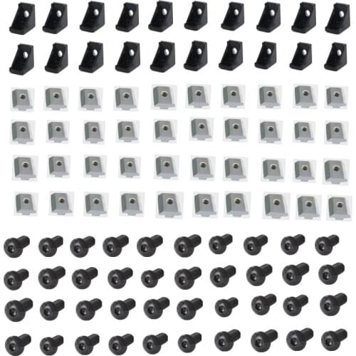 2020 Aluminum Profile Connector Set: 20pcs Black Corner Bracket + 40pc 20-M5 Slide Nuts + 40pcs M5x10mm Hex Socket Cap