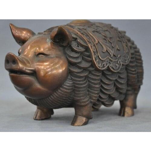 6'' China Fengshui Zodiac Pig Coin Money Pure Bronze Statue