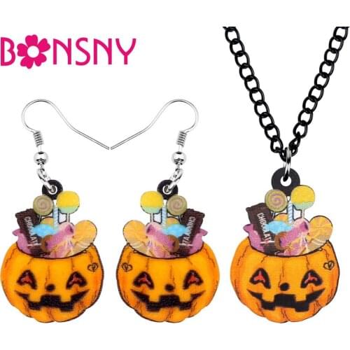 Bonsny Acrylic Halloween Sweet Pumpkin Candy Jewelry Sets Necklace Earrings For Women Girls Kid Novelty Party Gift Accessories