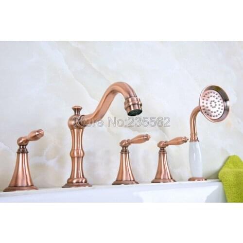 Antique Red Copper Bathtub Shower Faucets 5 hole Basin Sink Taps Three Handle Control with Hand Shower Lna218