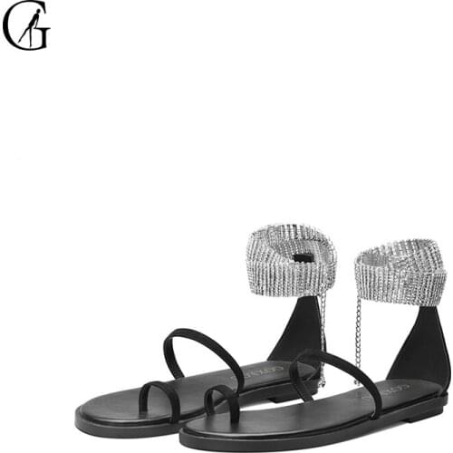 GOXEOU Womens Flat Sandals Flock Ankle Strap Round Toe Black Nude Diamond Jewelry Buckle Party Fashion Lady Shoes Size 32-46