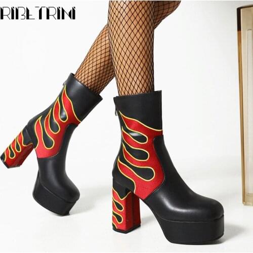 RIBETRINI Brand Design Flame Platform Ankle Boots Zipper Cool Punk Gothic Casual Party Dress Trendy high-heeled Shoes Woman