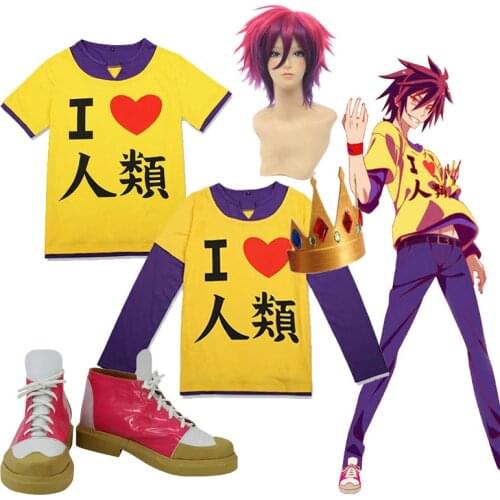 2 Styles No Game No Life Sora Cosplay Yellow Tops Summer T Shirts Adult Long Sleeves T-shirts Sora Cosplay Shoes Wig Party Prop
