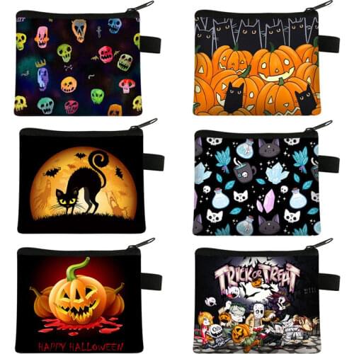 Halloween Coin Purse Kids Wallet Spider Cat Bat Pumpkin Skull Coin Bag Small Clutch Credit Card Keys Money Storage Bags
