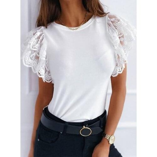 Lace Patchwork Slim T-shirt Ladies Ruffled Short Sleeve Elegant Casual Pure Color Ladies O-neck White Black Top 2021 Summer New