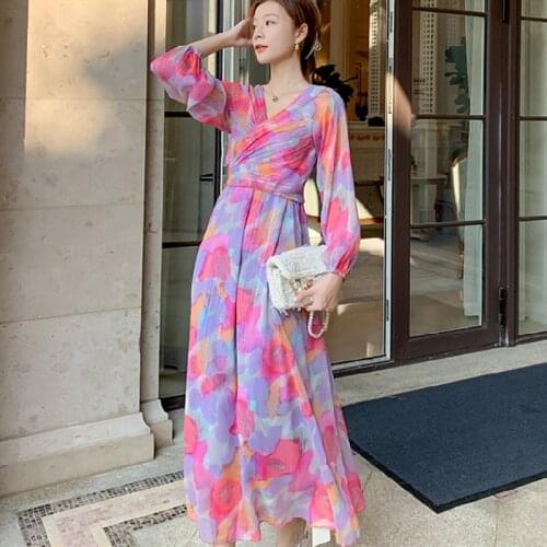 Summer 2021 Boho Retro Elegant Casual Party Night Beach Vacation Runway Vestidos Korean Women Long Floral Printed Chiffon Dress