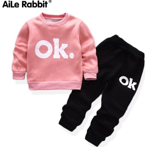 2020 New Girls Clothes Suit Spring Long-sleeved T-shirt Pants 2-piece Suit Letter OK Fashion Sweatshirt Set Kids Clothes Set