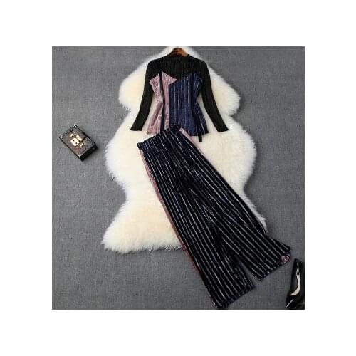 Autumn womens new mesh top + color matching striped strap + velvet wide leg pants three-pieceT3714