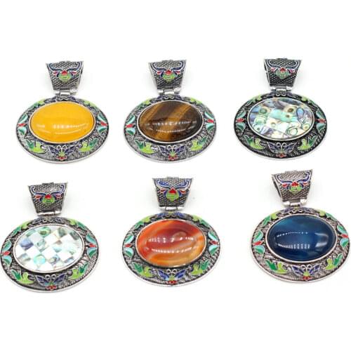 Natural Stone Pendants Retro Oval Alloy Pendant Crystal Agates Stone Pendant Charms for Jewelry Making Necklace Bracelet Gift