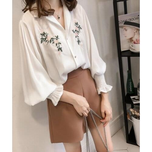 Casual Oversized Lantern Sleeve Blouse Trendy Embroidery Chiffon Shirt Top