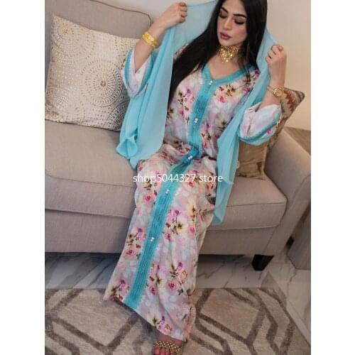 Ramadan Eid Mubarak Floral Dubai Abaya Dress Jalabiya for Women Hijab Dress Kaftan Loose Robe Islamic Arabic Clothing Pink