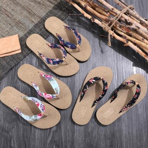 Women Shoes Summer Floral Flip Flops Beach Sandals Thongs Slippers sandals Imitation hemp rope travel flip-flops flat-bottom
