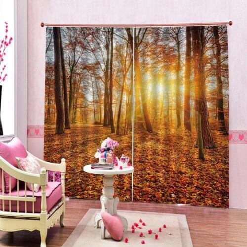 Custom Autumn Sunshine Maple Forest Alley in a Park with Trees Sunlight Curtain For Living room bedroom Art Nature Scenery Decor