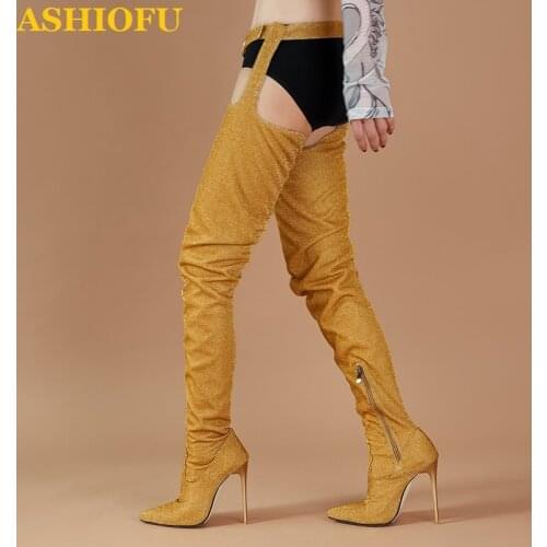 ASHIOFU 2020 Hot Sale Real Photos Womens Over Knee Boots Shinny Silver Fashion Pole Dance Waist Boots Sexy Evening Club Boots