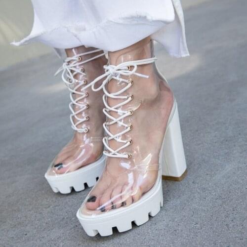 2020 Summer Peep Toe Ankle Sandals Boots PVC Transparent Cross-tied Crystal Square Heels Womens 10cm High Heels Shoes Woman