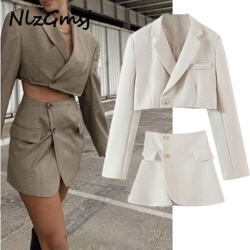 Nlzgmsj Za Sexy One Button Short Women Blazer Cropped High Waist Irregular Cross Slit Mini Skirt Long Sleeve Suits 2 Pieces Set