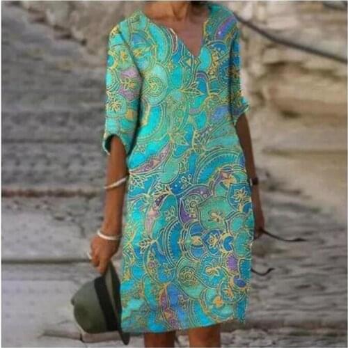 Chrysanthemum Print Women Dress Summer 2021 New V-Neck Half Sleeve A-Line Dress Female Vintage Plus Size Loose Dresses Vestidos