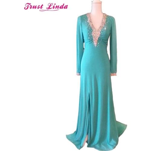 Saudi Arabia Sexy backless Spandex Long Sleeves high Slit Formal Sheath Mother dresses Real Photo V neckline prom Wear dresses