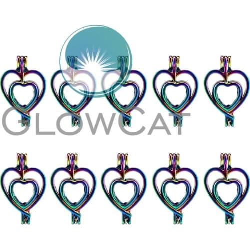 10x C295 Rainbow Color Double Heart Beads Cage Jewelry Making Perfume Essential Oil Diffuser Pearl Cage Locket Pendant