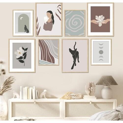 Abstract Woman Cat Flower Sun Moon Round Wall Art Canvas Painting Nordic Posters And Prints Wall Pictures For Living Room Decor