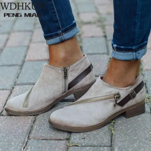 Women British Style Ankle Boots Ladies Buckles Zipper PU Leather Punk Booties Low Square Heels Chunky Footwear Plus Size 35-43