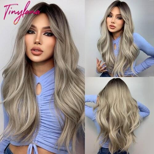 TINY LANA Ombre Dark Brown Blonde Wig with Long Bangs Side Part Long Wavy Synthetic Wigs for Women Cosplay Daily Heat Resistant