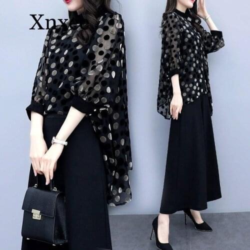 Dot Two Piece Set Top Pants Long Women Summer Chiffon Blouse Shirt Female ClothingThree Quarter Sleeve Blusas Womens Office
