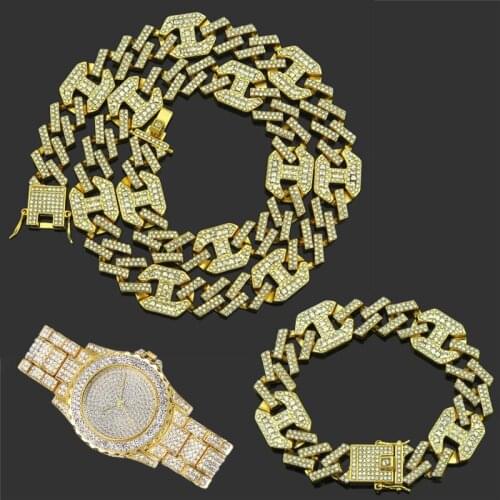 Hip Hop 3pcs Kit 17MM AAA+ Iced Out Alloy Rhinestones Coffee Bean Prong Cuban Necklace+Watch+Bracelet For Men Women Jewelry