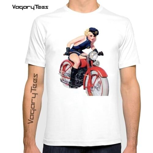 Intage Collection Motorcycle Pin Up Girl Graphic T-Shirt Fashion Men Short Sleeve Old Print White Casual Tops Tshirt