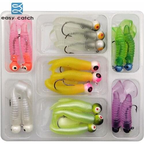 Easy Catch 17pcs Soft Lures With Jig Head Hooks Set Mixed Color Assorted 3D Eyes Jig Hook With Artificial Worms Bait Tail Grub