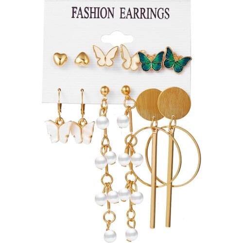 Sweet Pearl Butterfly Earrings Set Fashion Geometirc Gold Heart Earrings for Women Wedding Jewelry Gifts