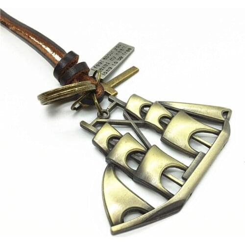 New Handmade Genuine Leather Brown Men Bronze Alloy Hoop Sails Boat Cross Pendant Necklace For Women Male Wholesale Jewelry