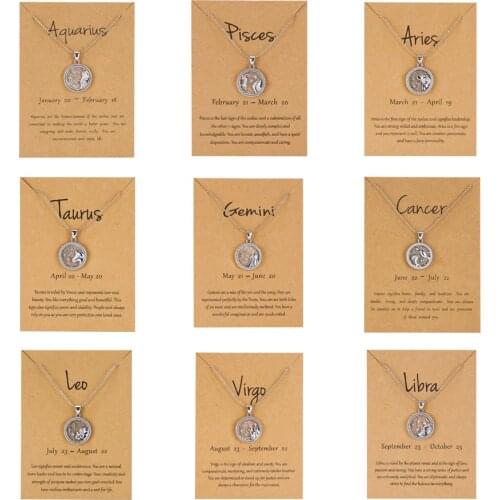 12 Constellation Pendant Necklace Zodiac Sign Necklace Birthday Gifts Message Cardboard Women Girl Charm Necklaces Jewelry