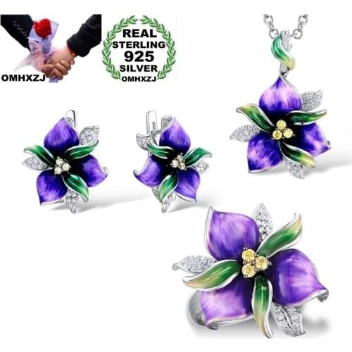 OMHXZJ Wholesale JE36 Fashion Woman Party Birthday Wedding Gift Flower 925 Sterling Silver Necklace+Earrings+Ring Jewelry Set